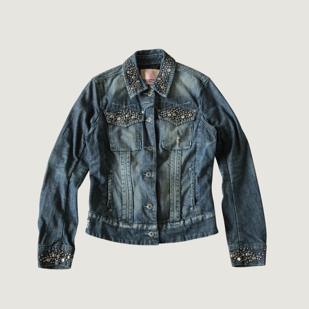 Parasuco Denim Jacket Women Blue Studded Rhinestone Y2K Rockstar Medium‎ Trucker